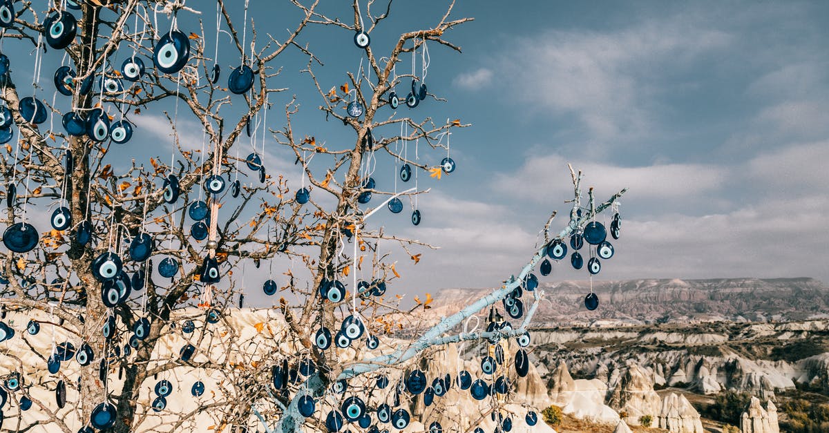 Spatchcock Turkey in Small Oven - Amulets of blue glass reminding eye hanging on tree branches over are with volcanic formations