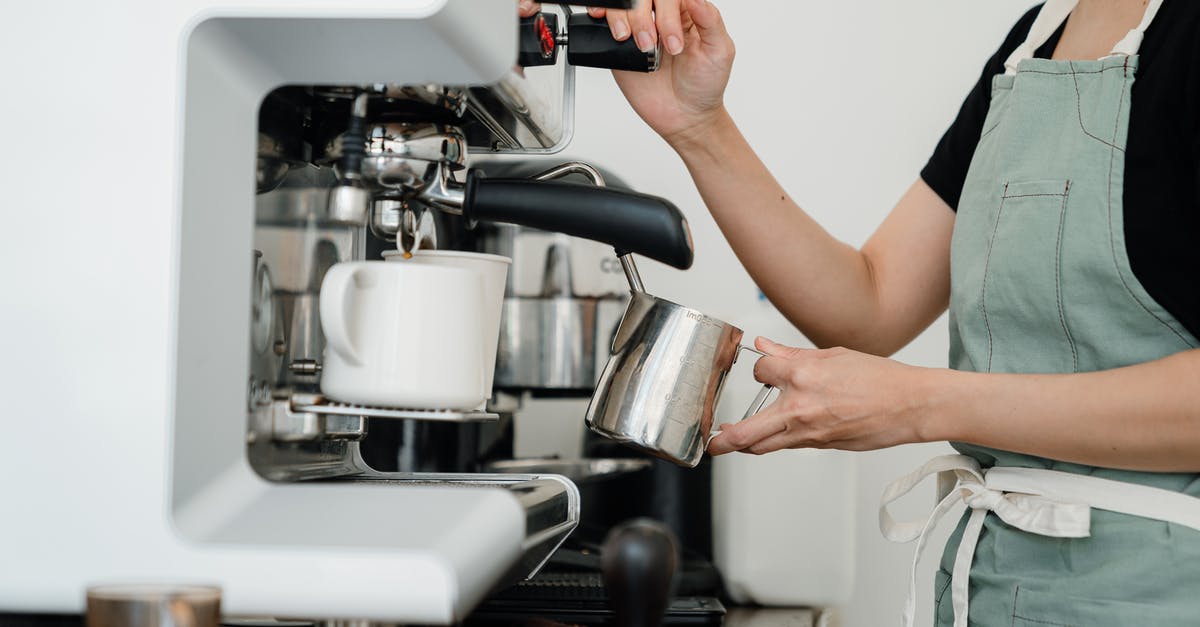 Steam "nature" of cappuccino steamers - Crop faceless young female barista in apron steaming milk at modern coffee machine while preparing delicious latte