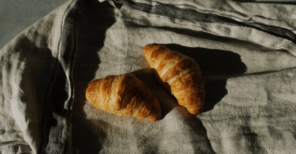Storing hard crusted bread - Tasty pair of fresh brown croissants on crumpled gray tissue