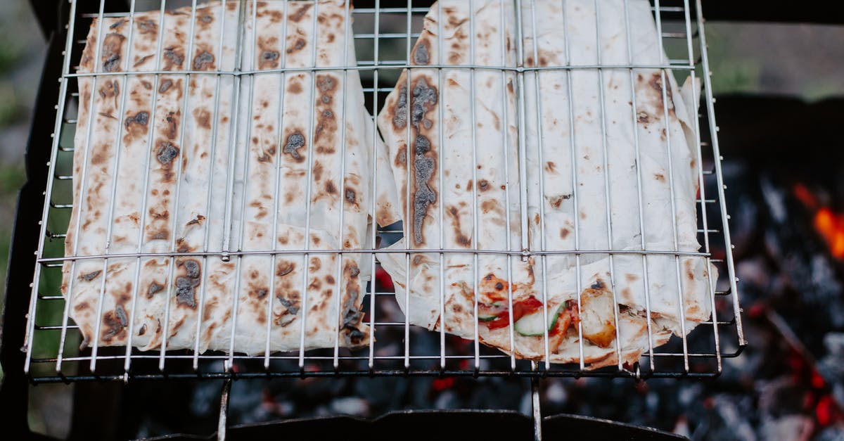 Suggested edible quantity/scaling of Habanero Pepper per pound of meat - From above of appetizing meat and vegetables in lavash grilling on metal grate in daytime