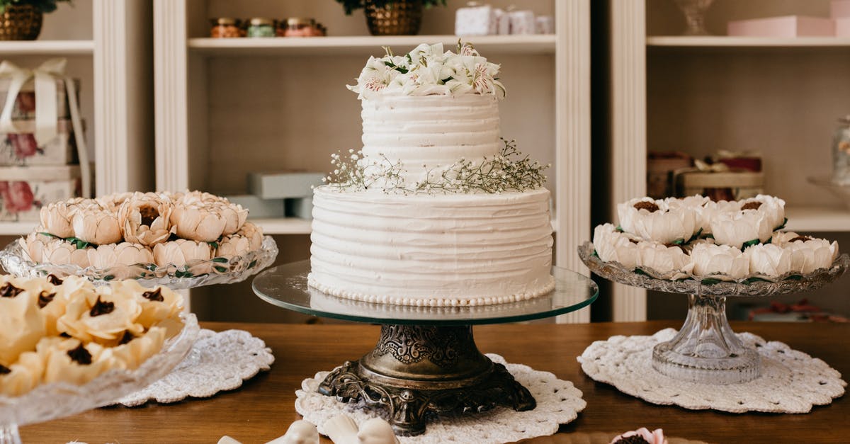 Test if whitish chocolate has bloom or is spoiled - Wedding cake with floral decor between treats on table