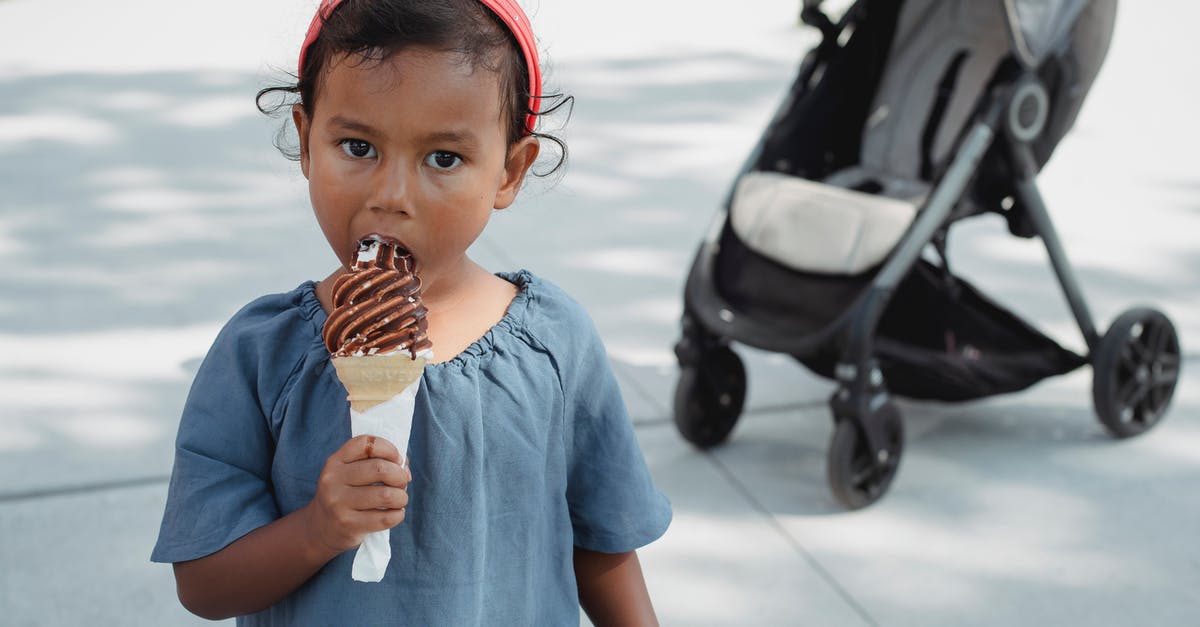 The sugar mixture of my baklava did not melt - Cute Asian little girl in casual outfit eating yummy chocolate ice cream cone and looking away