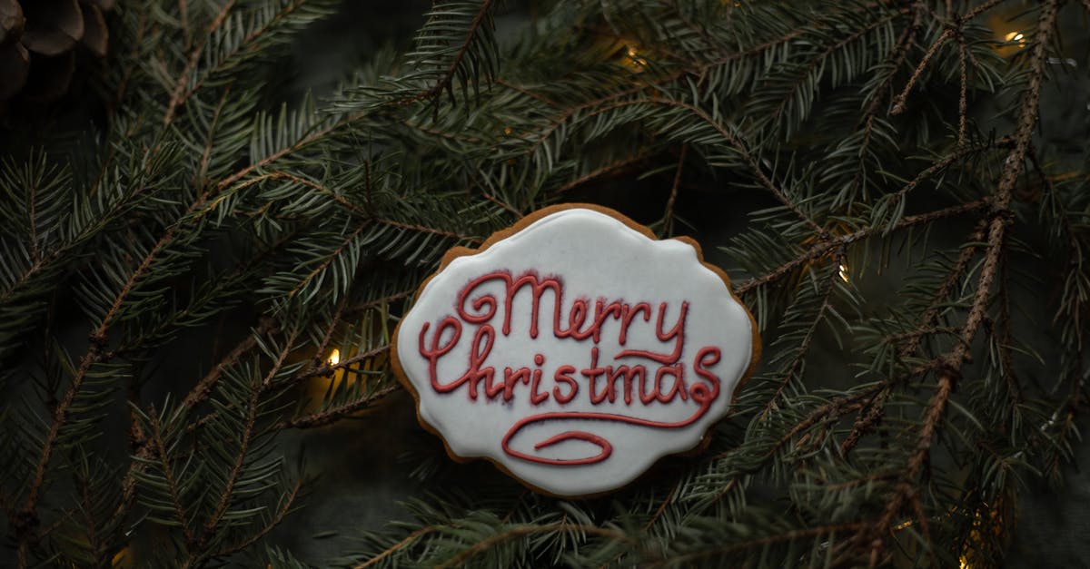 Thin chutney batch from a year ago - From above of delicious biscuit with decorative title on sugar glaze between coniferous tree sprigs with garland on Christmas Day