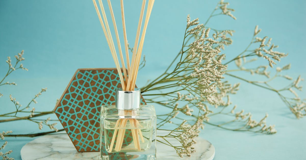 To finely spray a thin layer of warm liquid Coconut Oil? - Aroma sticks in glass diffuser bottle with decorative Gypsophila branch placed on marble stand near geometric decor on blue background