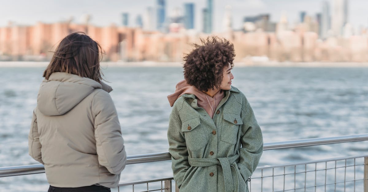 Units conversion : cl to grams - Young female friends wearing warm clothes standing together with hands in pockets on New York City promenade on cold day