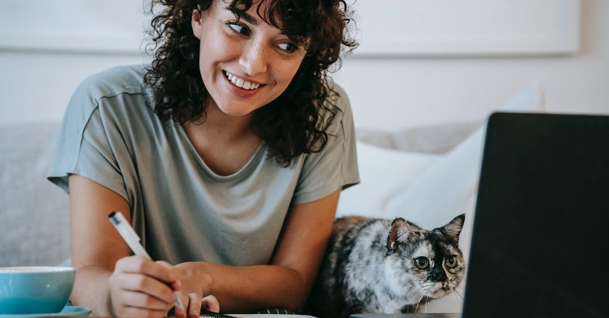 using icing with buttercream to write with - Crop young positive female smiling and taking notes in organizer while cat watching on netbook at table at home