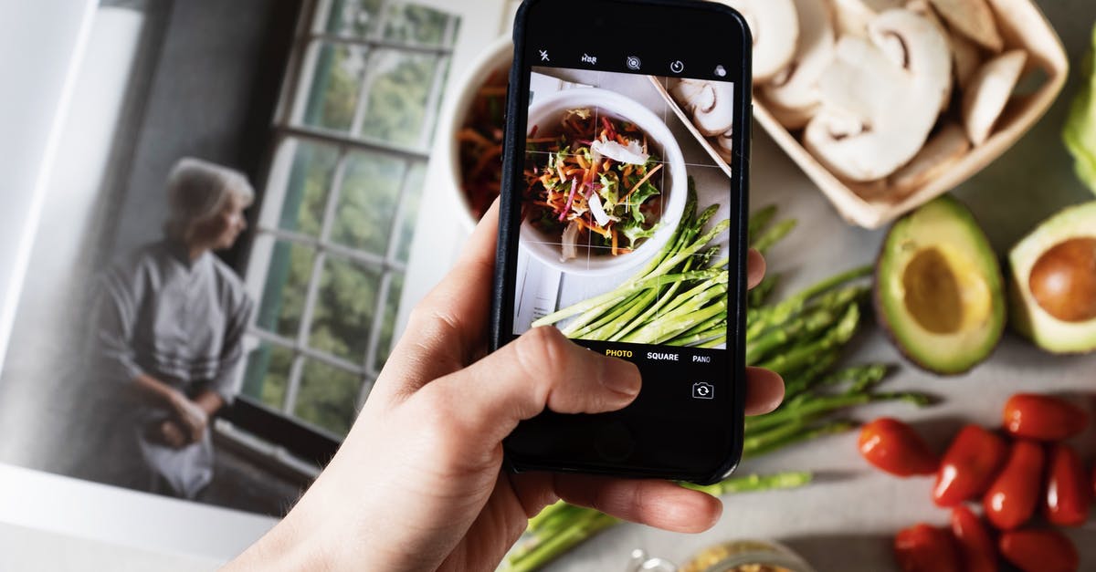 Vegetable mill versus using a food processor for vegetables - From above view of faceless blogger taking photo on smartphone of fresh tasty salad in white bowl and food placed around on table in modern kitchen