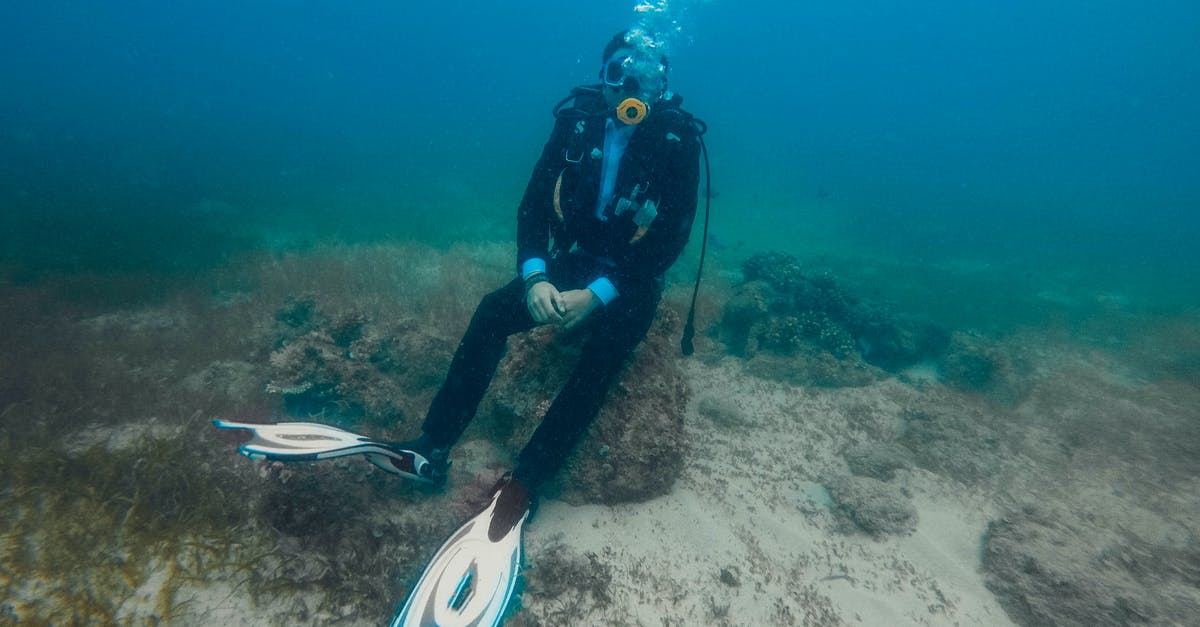 Weird air pockets/bubbles on bottom of cake - Fit anonymous frogman in diving dress and flippers sitting on stone with hands together under ocean water with sand and seaweed on bottom and bubbles above oxygen mask