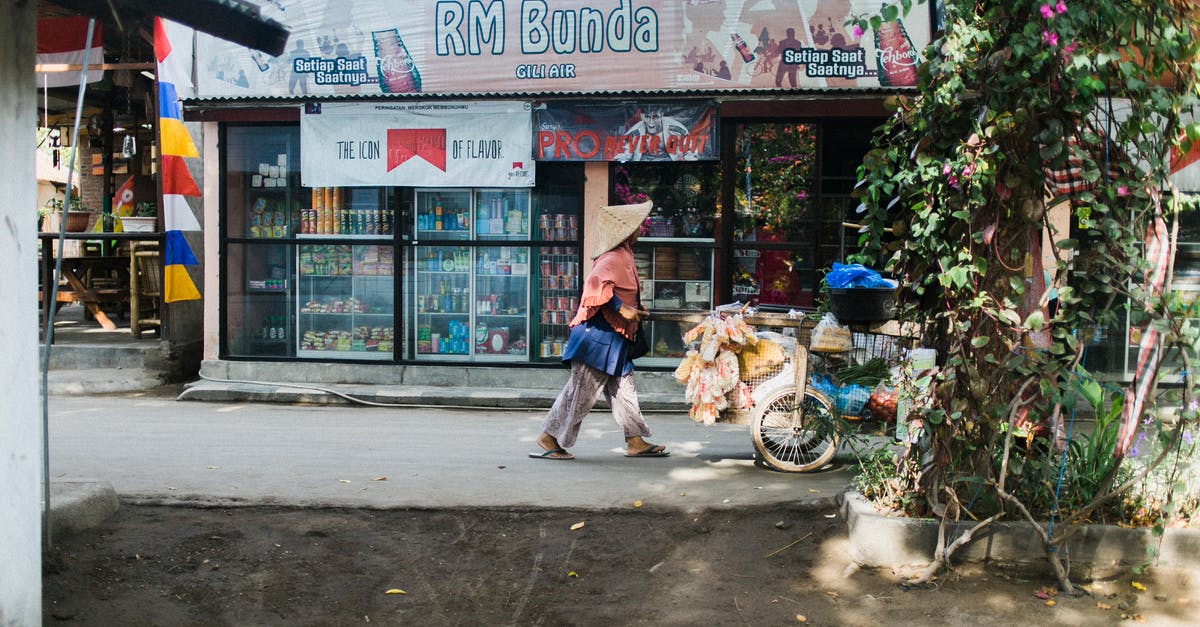 What's the best way to store rice long-term? - Side view of faceless woman in casual clothing and Asian conical hat pushing cart while walking on paved pedestrian road between store and trees