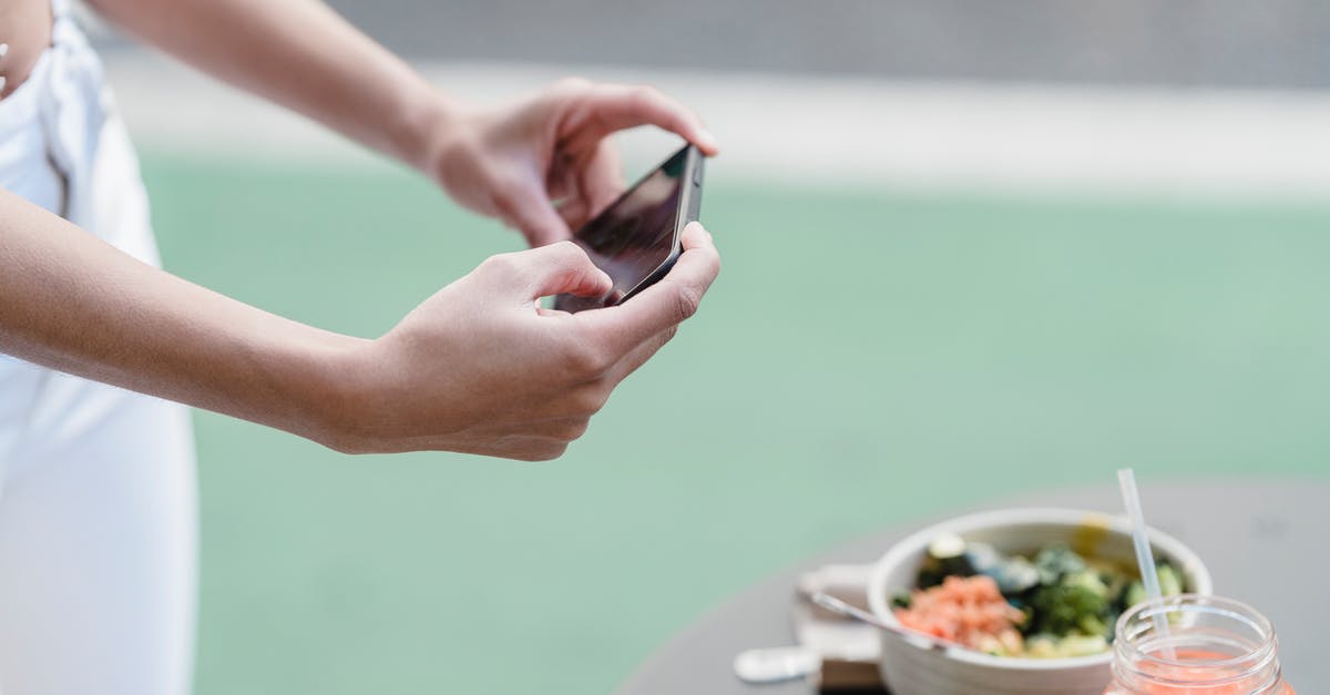 What could I use in a vegetarian b'stilla? - Crop unrecognizable female blogger taking photo of vegetable salad and smoothie on cellphone in street cafeteria