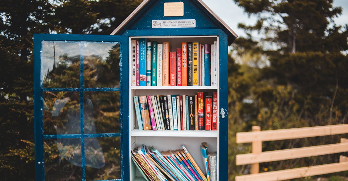 What is a good book about soup? - Wooden house shaped public bookcase with opened door filled with books and located in lush green park