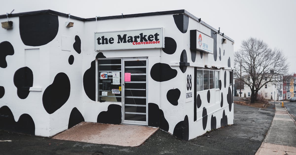 What is the best way to store cake? - Store with creative cow pattern and signboard located on asphalt sidewalk on street with buildings and leafless trees in town