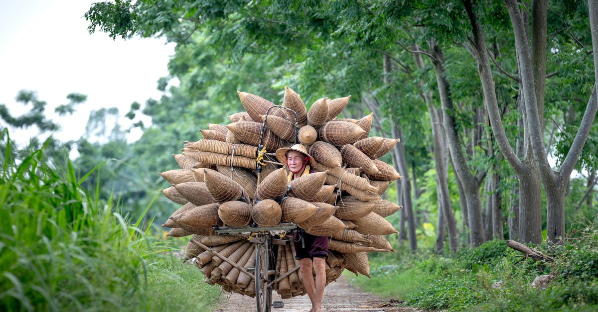 What is the proper way to brine fish? - Full body of aged ethnic male with many bamboo traditional fish traps on bicycle on path in green tropical forest