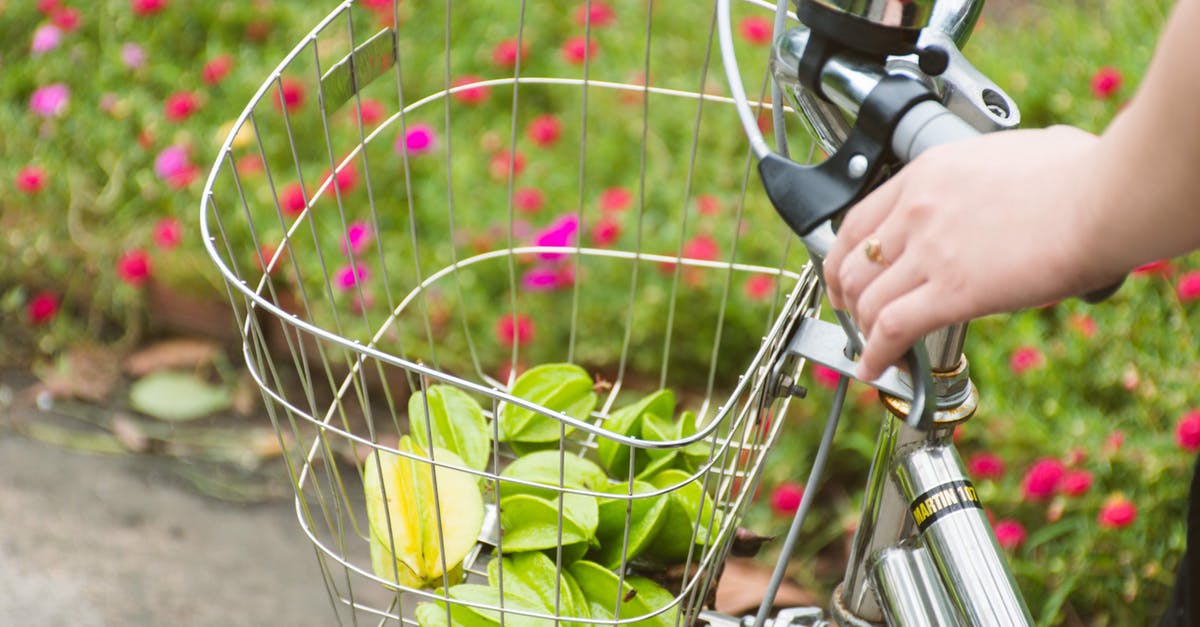 What is the proper way to make a fruit purée? - From above of anonymous woman riding bicycle on road through green meadow with flowers and transporting in basket green Carambola on summer day