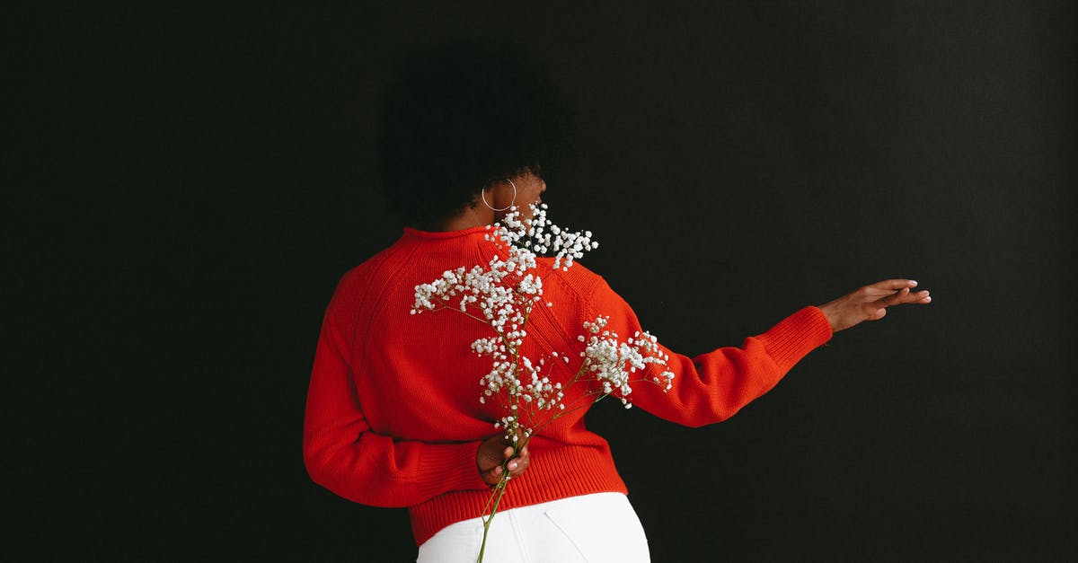 What is the "idea" behind thawing out meat? - Back view of sensual black woman in white denim and white red sweater holding Gypsophila flower behind back posing on black backdrop