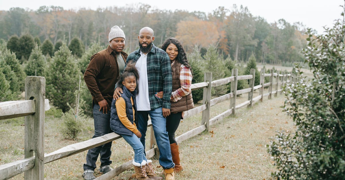 What is the relationship between starchy vegetables/fruits and root vegetables? - Young content African American parents embracing daughter and son near wooden fence on tree farm while looking at camera