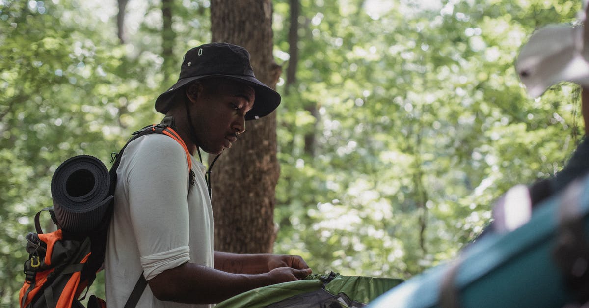 What is the term for 'sunny side up' omelette? - Concentrating young black guy setting up camping tent in woods