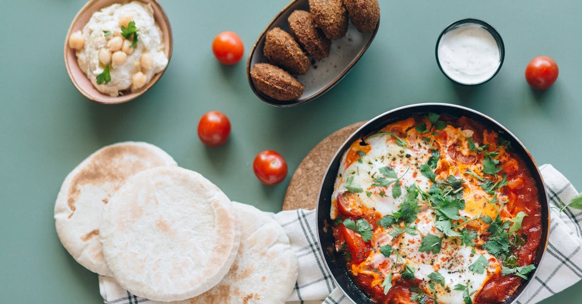 What is the term for serving a soft-cooked fried egg that breaks when the meal is consumed? - Shakshouka, Falafel, Hummus and Pita Breads on the Table