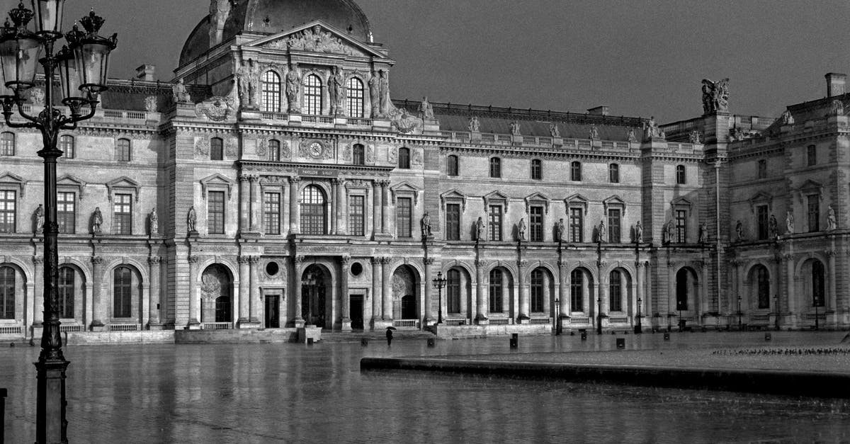 What is the white film on my wet carrots? - Black and white of aged building with classic architecture of walls decorated with sculptures and arches in rainy weather