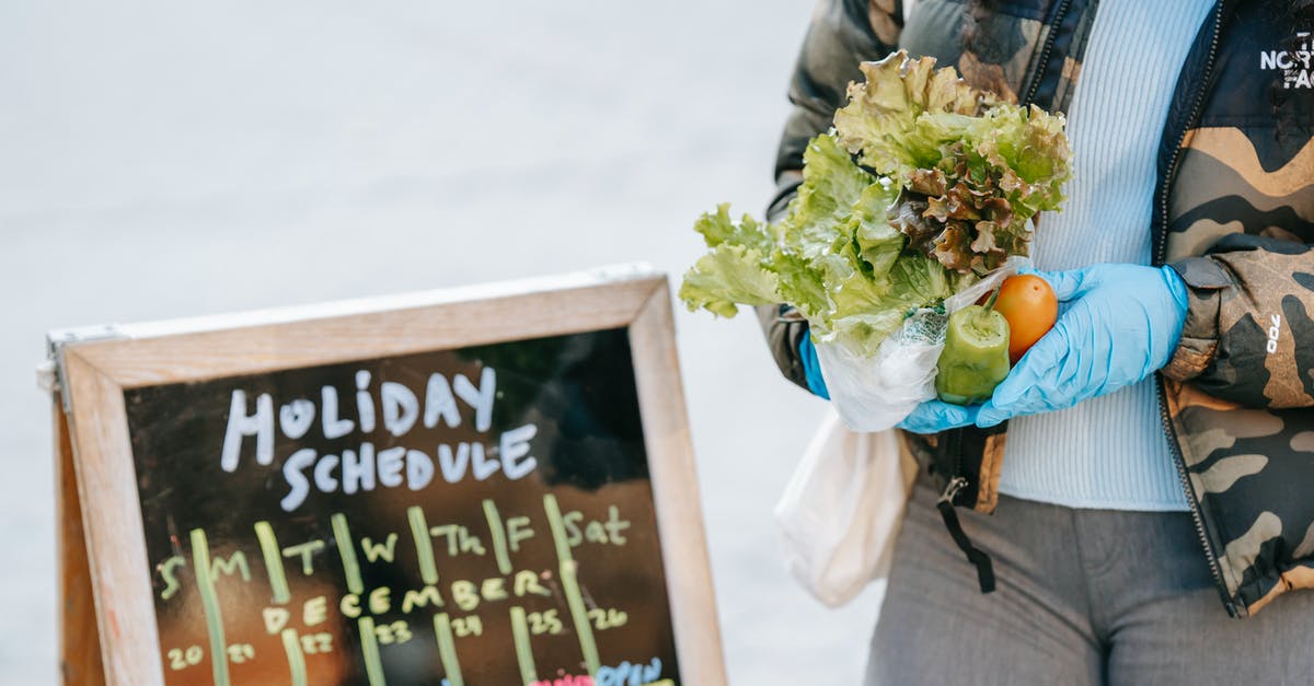 What kinds of grocery stores tend to carry guava? - Crop anonymous female in warm jacket and protective gloves showing fresh ripe vegetables while standing near grocery chalkboard on street