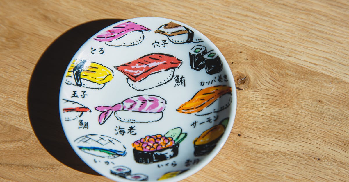 What makes Kewpie (Japanese) mayonnaise so different from Hellmann's? - Top view of white ceramic plate with colorful drawings of sushi and rolls placed on wooden table