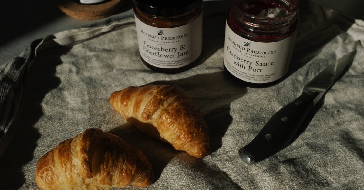 What pot size for 150 servings of sauce? - Delicious pair of fresh croissants with jars of jam and sauce on crumpled gray tissue