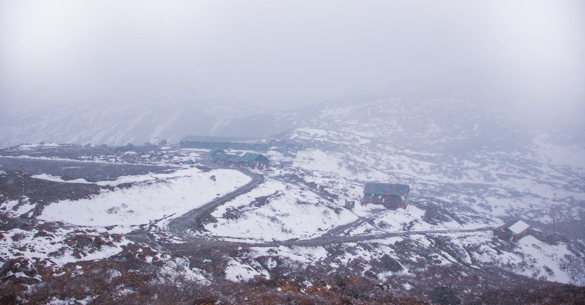 What temperature is 'High' in a 950 watt microwave? - From above of settlement with rustic houses located on snowy area in suburb area in foggy weather on winter day