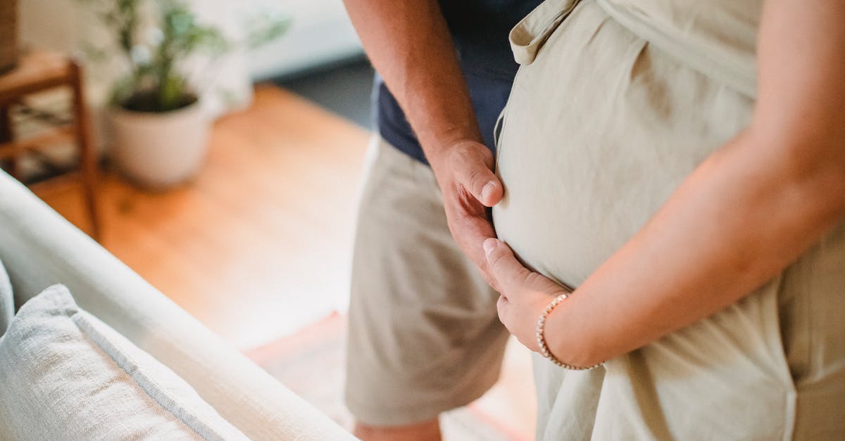 What to expect from canned bear meat? - From above of crop faceless couple in casual outfit standing in light living room and touching pregnant belly gently