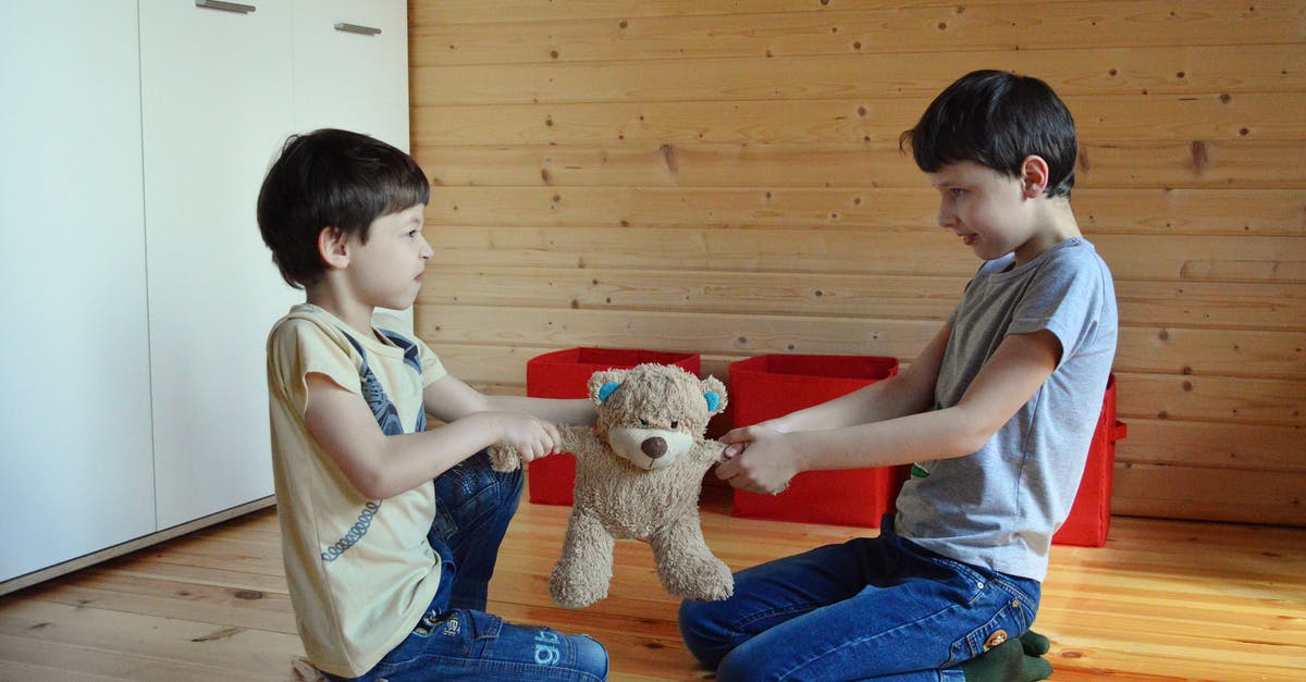 What went wrong with my brownies? - Side view full length irritated fighting brothers sitting on floor and pulling teddy bear to sides