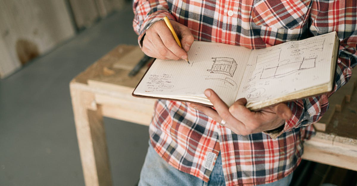 Where can I find an extremely slim wooden stirring spoon? - From above of crop anonymous slim male carpenter in plaid shirt and blue jeans doing quick sketches of future furniture in notepad while leaning on workbench in workshop