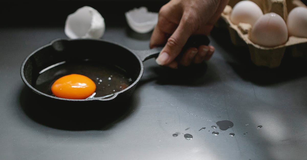 Which non penetrating method is recommended to check chicken breasts for done-ness when pan fried - Crop unrecognizable woman holding frying pan with broken egg in kitchen