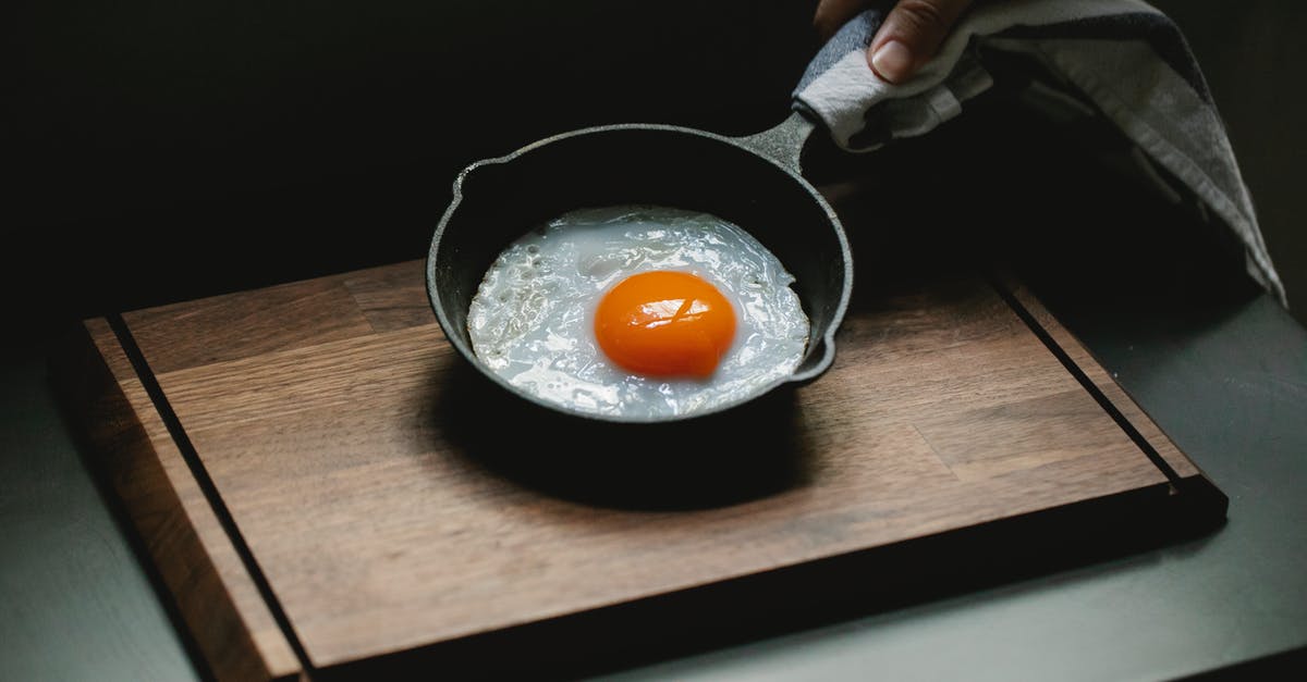 Which non penetrating method is recommended to check chicken breasts for done-ness when pan fried - Crop anonymous chef demonstrating yummy fried chicken egg on pan placed on wooden board in dark kitchen