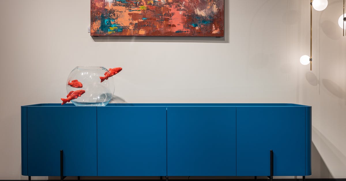 Which part of blue fish is not edible? - Cupboard with aquarium in studio