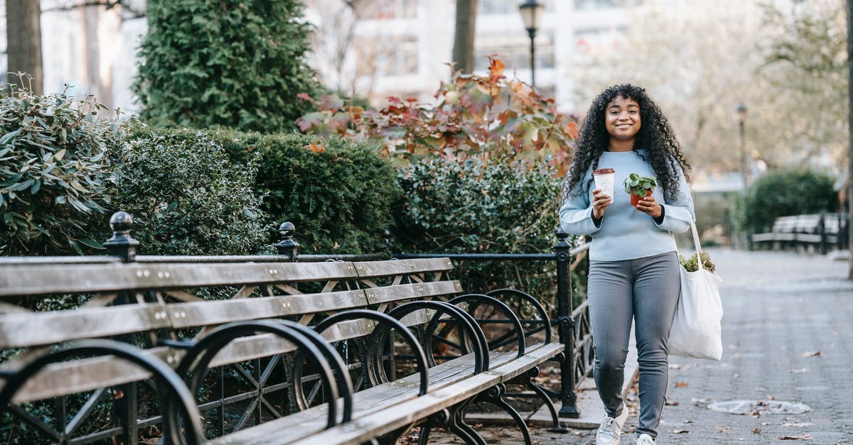 Why did my green tea muffins turn black? - Full length of smiling young black lady strolling with shopping bag with greenery and to go cup with coffee and potted plant near bench and shrubs in daytime in park