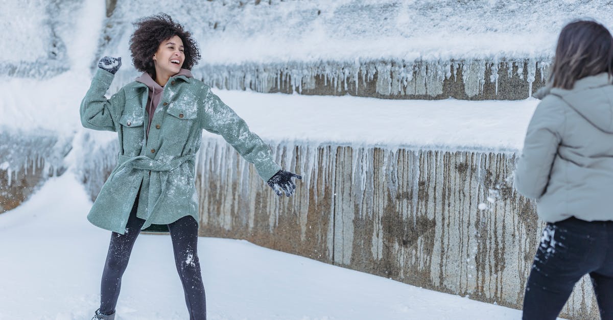 Why do frozen fishes have incision in the body? - Laughing female friends in warm clothes standing near stone wall covered with snow and playing snowballs in winter