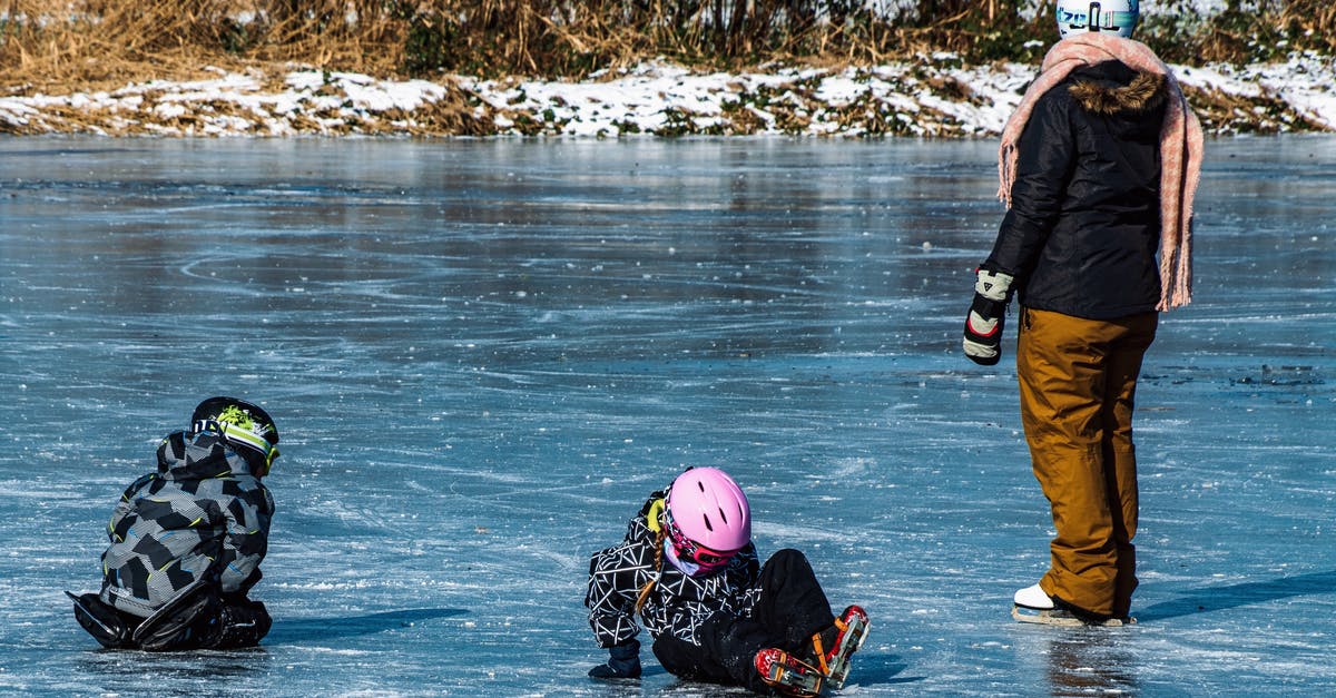 Why do frozen fishes have incision in the body? - Unrecognizable kids with mother playing on icy river in park