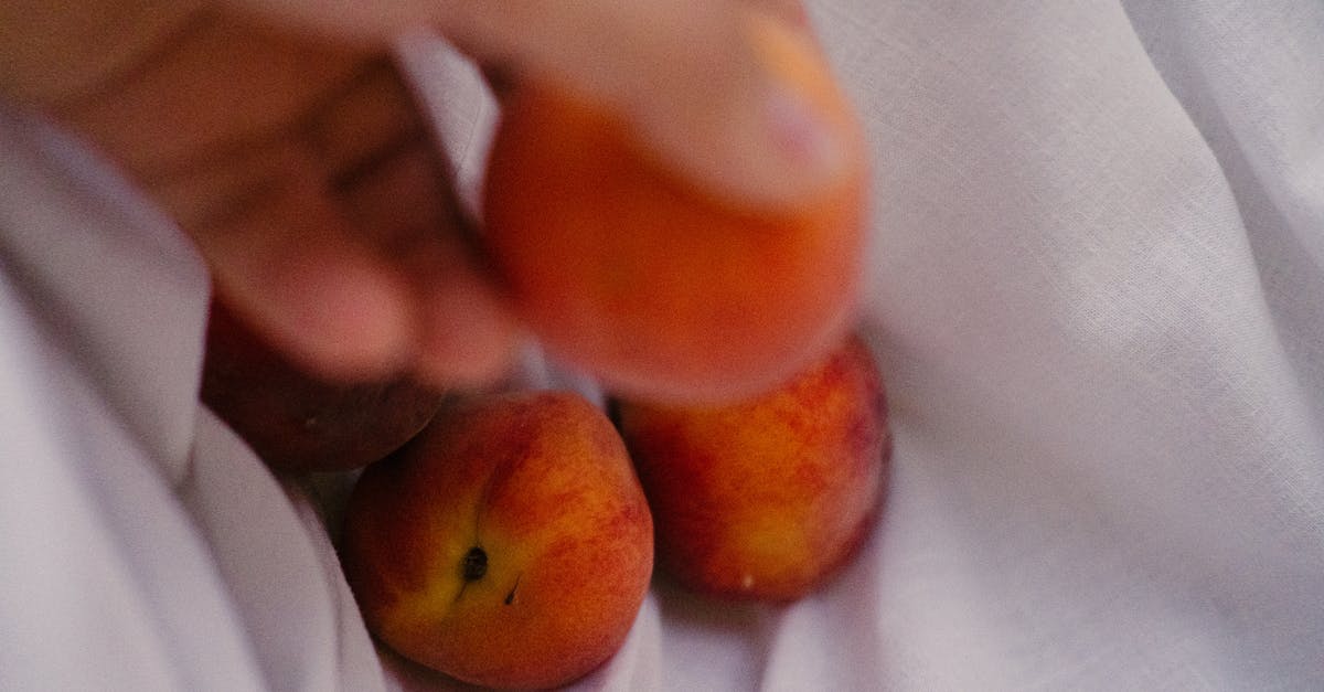 Why do they put the fruit on the bottom? - From above of anonymous person putting fresh fruit on textile with pile of healthy peaches during harvest season on summertime