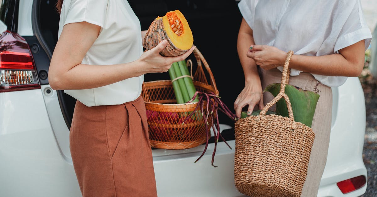 Why was fish cut open at supermarket? - Crop women with baskets and fresh vegetables near car